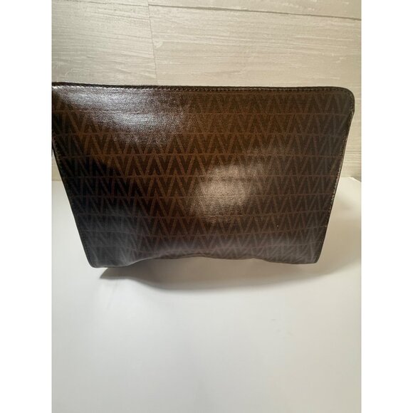 Authentic Valentino Brown Leather Monogram‎ Clutch Bag With Gold V Logo & Zipper - Picture 7 of 11